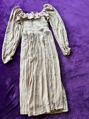 HYFVE Beige Long Sleeve Midi Dress With Ruffle Neckline Stretch Top Size M